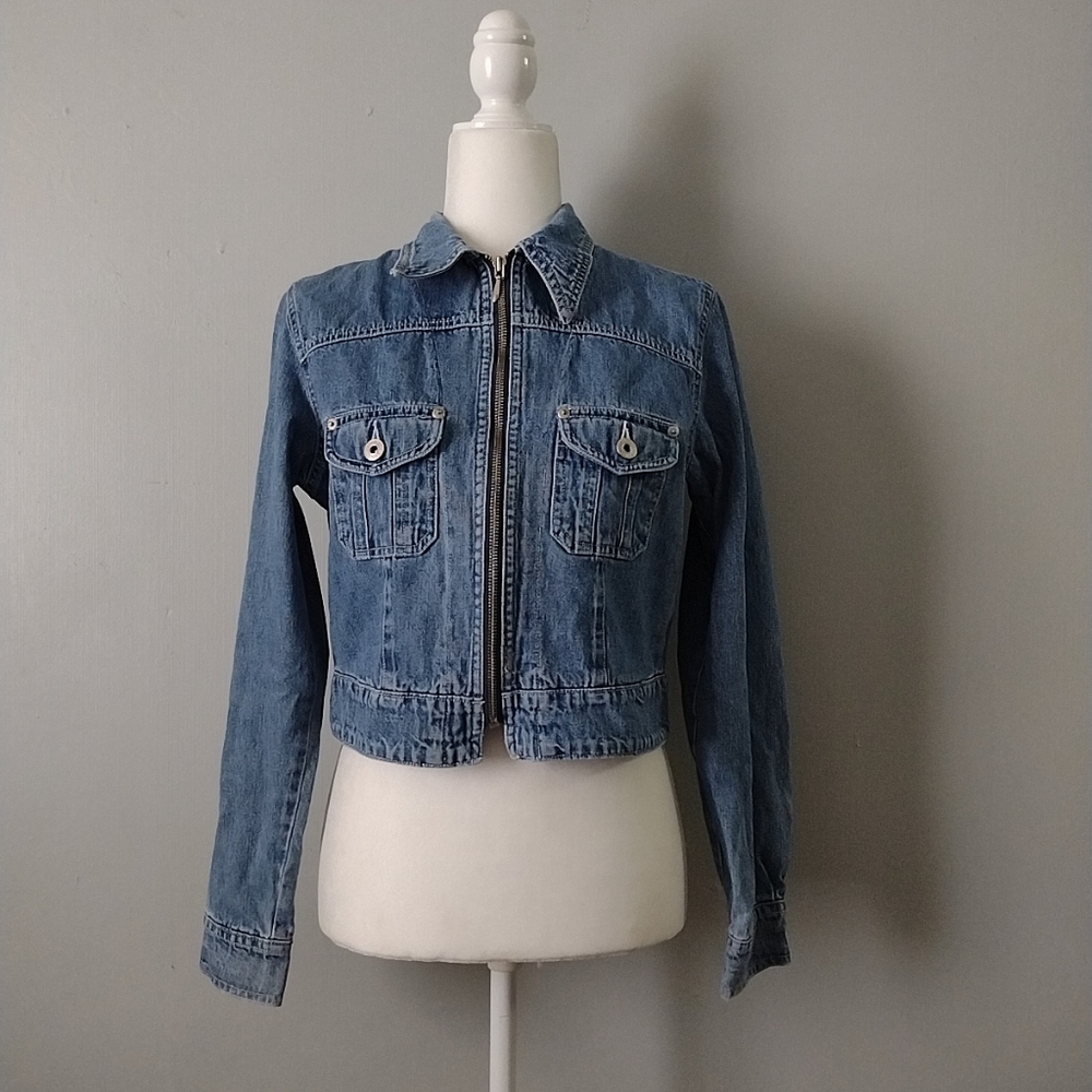 Vintage Express Cropped Waist Casual Long Sleeve Denim Zipper Jean Jacket - Picture 1 of 7